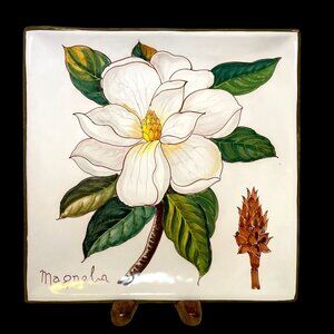 Hand-Painted Ceramic Magnolia Tile Wall Art From Italy